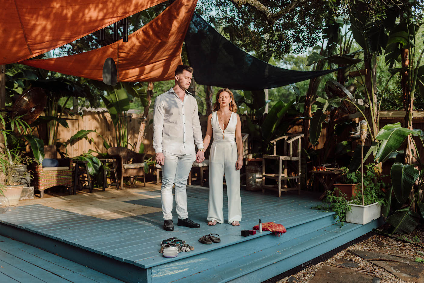 Bride and Groom Outdoor Wedding Portrait | COVID Wedding Elopement Backyard Ceremony | Ivory White Bridal Jumpsuit | Casual Groom White Shirt and Pants