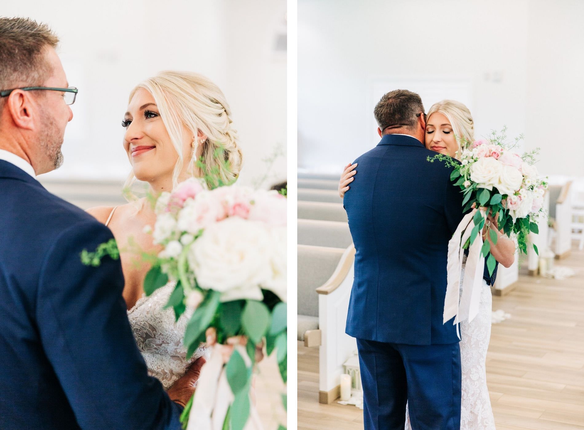 Bride and Dad First Look | Bridal Bouquet with White Hydrangea and Pink Roses with Cascading Ivy Greenery | Father Daughter First Look Wedding Portrait