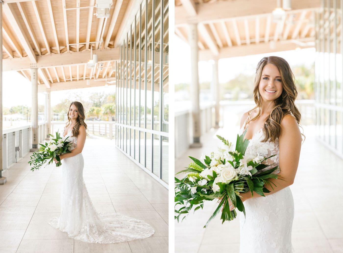 Tampa Wedding Florist Bruce Wayne Florals | Florida Wedding Outdoor Bridal Portrait | Tropical Bouquet with Greenery Palm Fronds and Ferns and White Roses Orchids and Snapdragons | White Illusion Lace Spaghetti Strap Sheath V Neck Bridal Gown with Sheer Bodice | Femme Akoi Beauty Studio