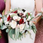 Burgundy Wine Bordeaux Red and White Bouquets with Roses, Cosmos, Renunculus, Chrysanthemums, and Eucalyptus Greenery by Tampa Wedding Florist Brides N Blooms | Florida Fall Autumn Wedding