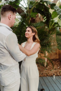 COVID Wedding Elopement Backyard Ceremony | Ivory White Bridal Jumpsuit | Casual Groom White Shirt and Pants