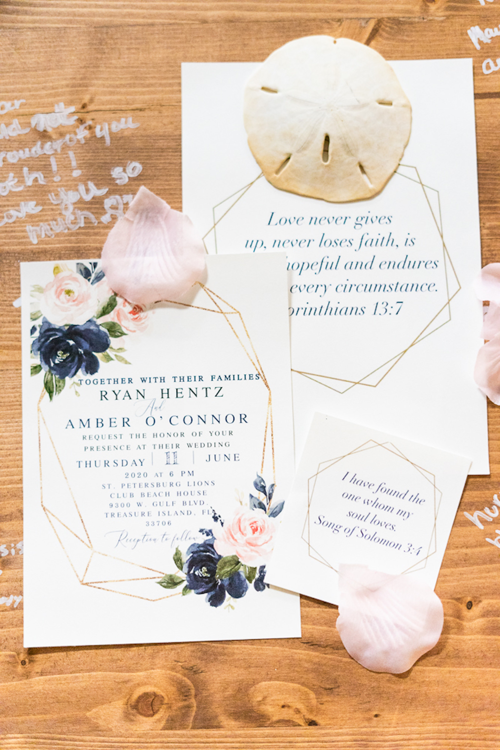 St. Petersburg Florida Wedding | Navy Blue and Blush Pink Floral Wedding Invitation with Gold Geometric Motif and Bible Verse | Wedding Stationery Set Flay Lay with Sand Dollar