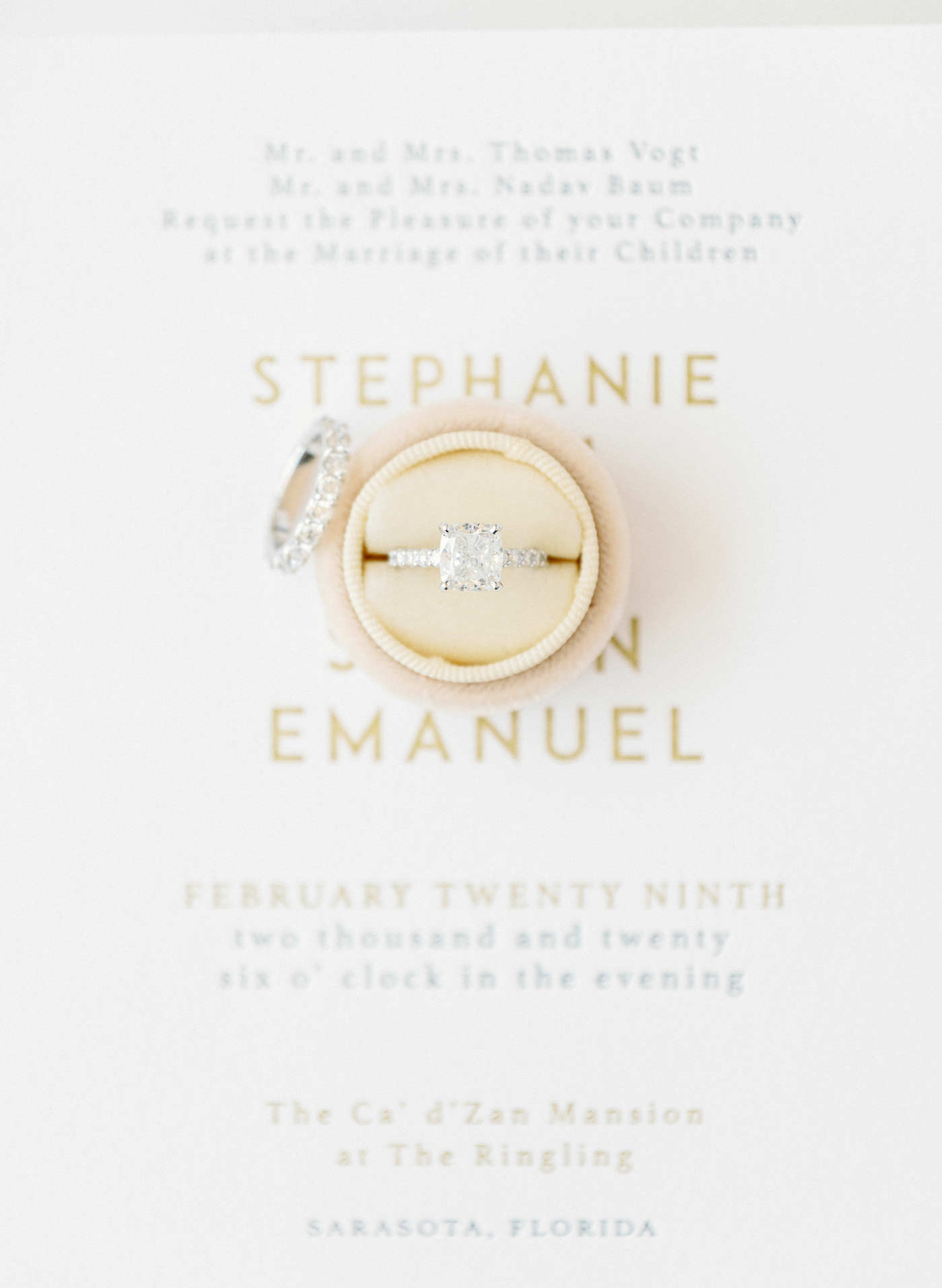 Florida Wedding and Engagement Ring, Round Diamond Solitaire Ring, Ivory Wedding Invitation with Gold Foil Block Lettering