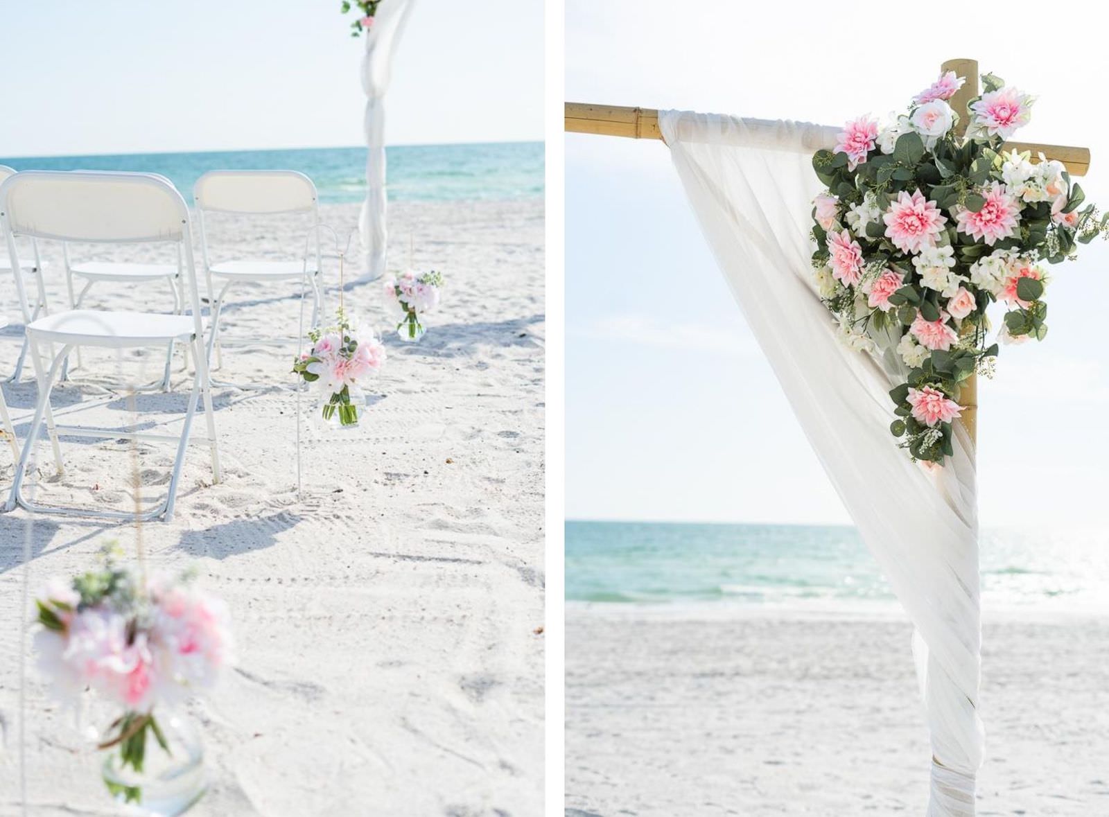 St. Petersburg Florida Beach Wedding Ceremony | Bamboo Arch Backdrop with Sheer White Draping and Blush Pink Floral Arrangements | White Ceremony Chairs with Blush Pink Aisle Flowers