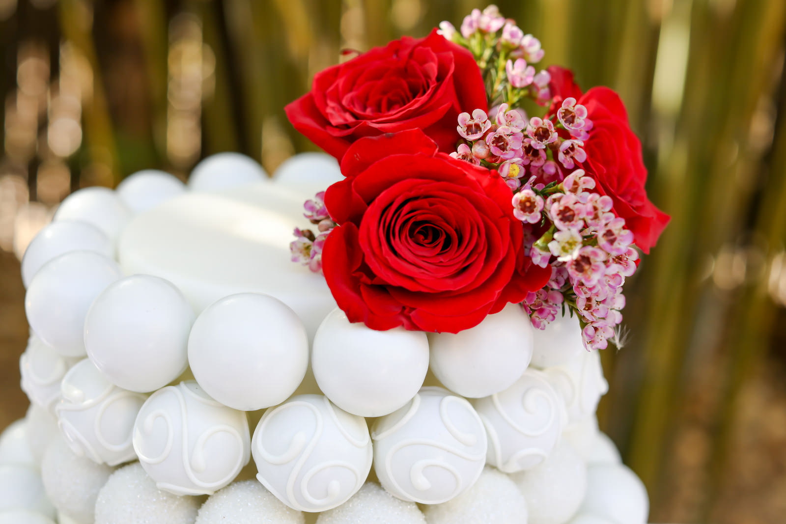 White Two Tier Cake Pop Cake Garnished with Red Roses and Pink Flowers | Tampa Bay Cake Company