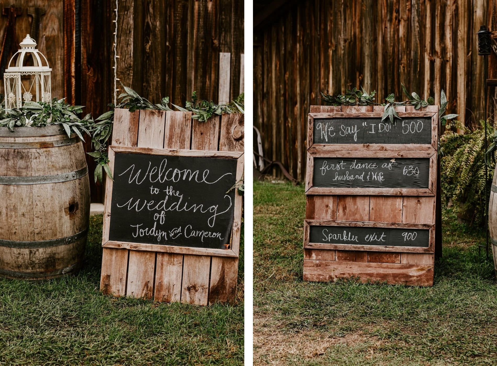 Rustic Barn Tampa Wedding with Wood Barrels and Chalkboard Welcome Sign and Chalkboard Itinerary Schedule Timeline