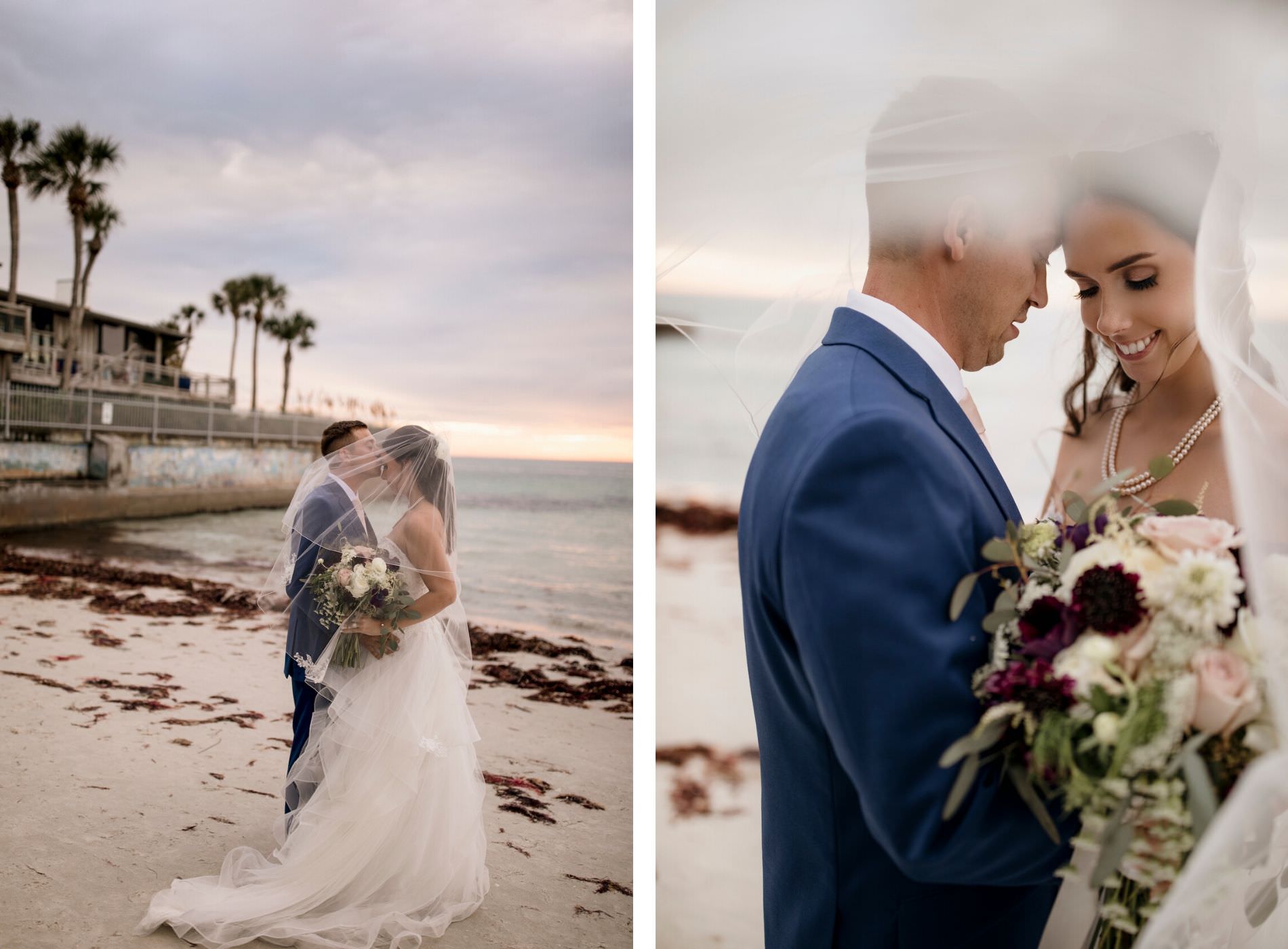 Bride and Groom Outdoor Beach Portrait | Bride and Groom Veil Shot | Dark Maroon and Blush Pink Bridal Bouquet