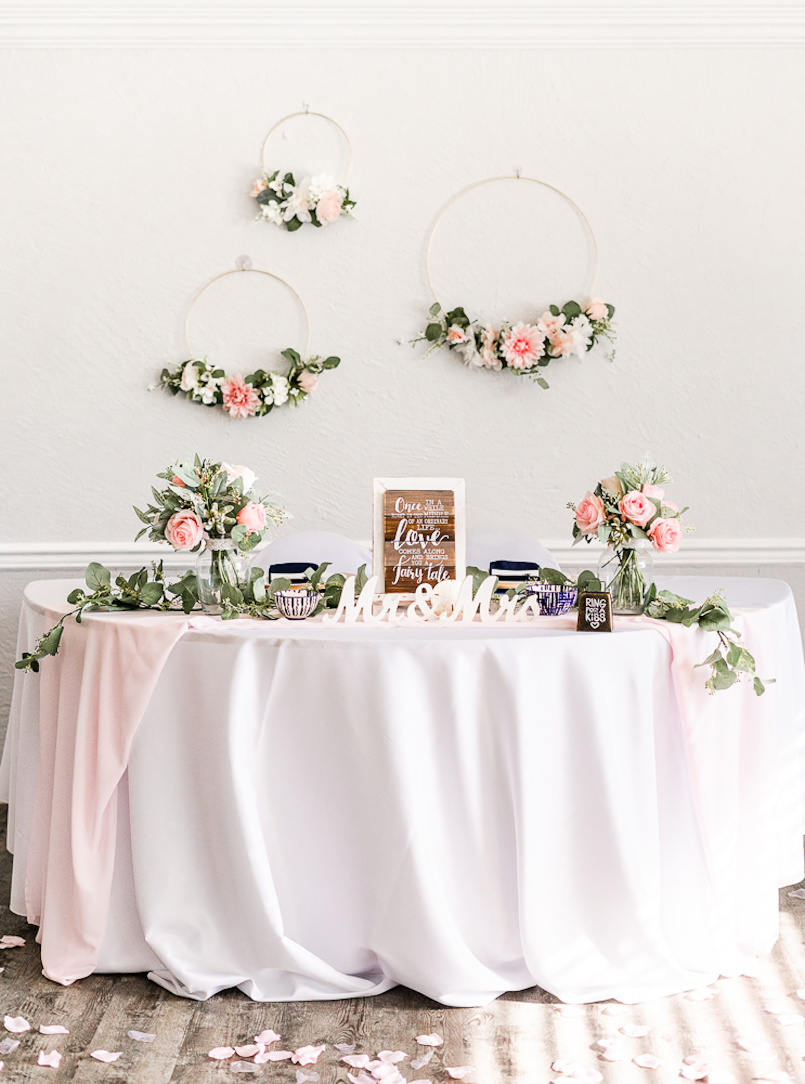 Blush Pink and White Wedding Inspiration | Wedding Sweetheart Table with Blush Pink Runner and Mr and Mrs Sign | Boho Floral Hoop with Blush Pink and White Flowers and Greenery Wedding Decor