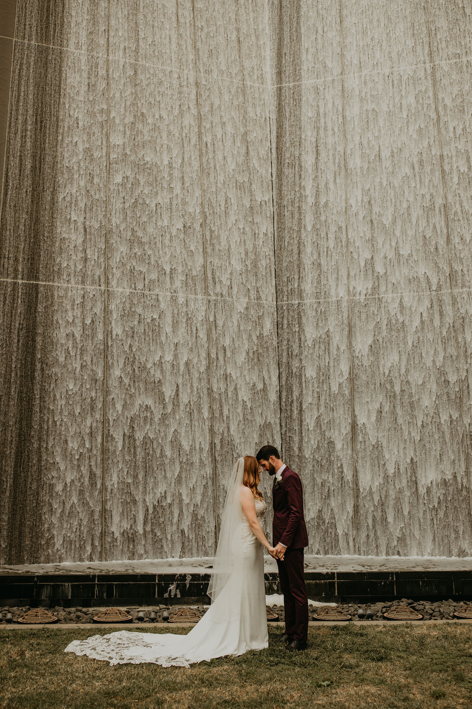 Downtown St. Pete City Wedding Portrait with Waterfall Fountain