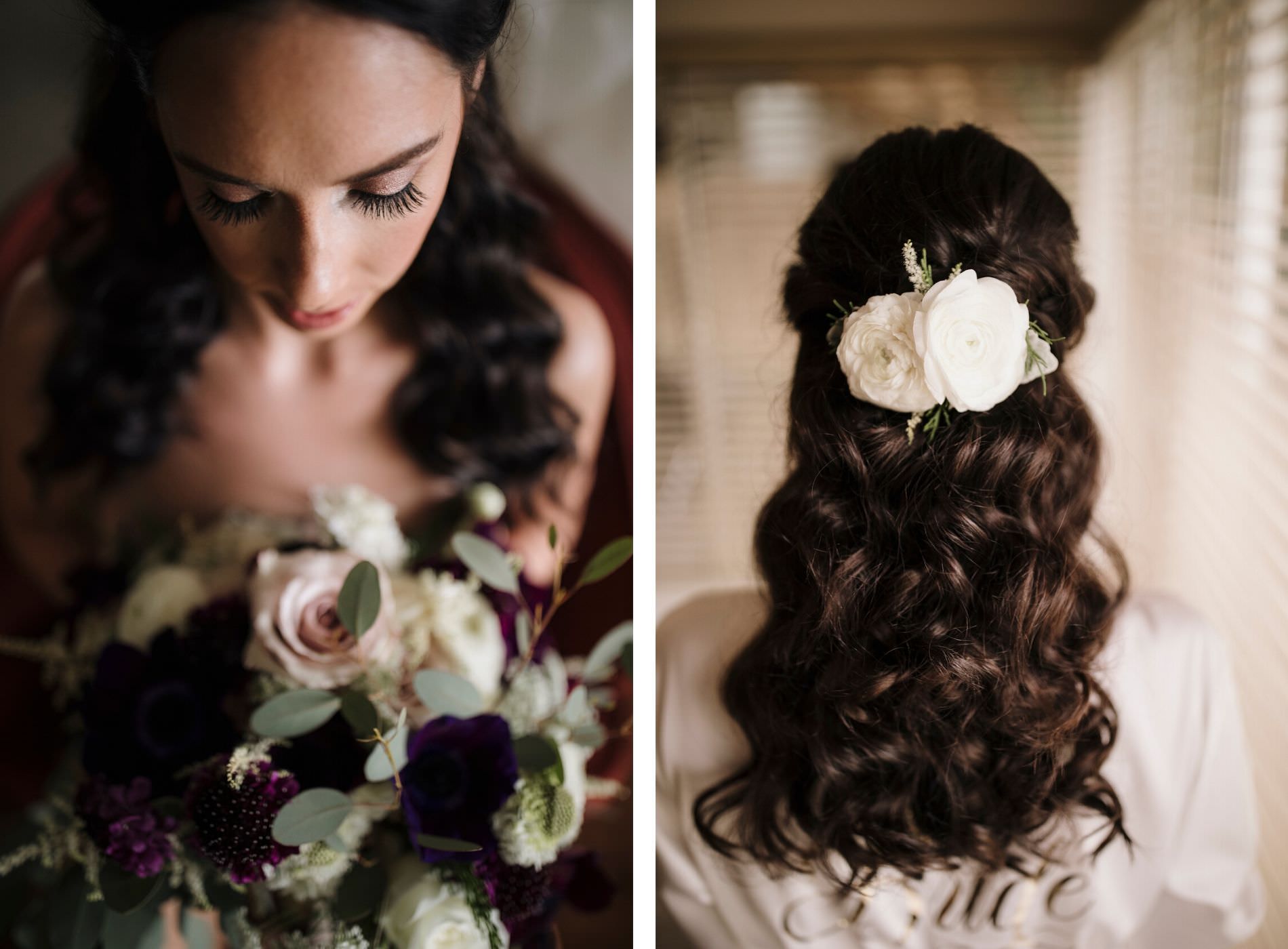Curly Hair Bride Bridal Hairstyle Natural Curls with Fresh Flowers | Bridal Bouquet with Deep Maroon Burgundy Purple Ranunculus and Blush Roses and Ivory Hydrangea with Seeded Eucalyptus