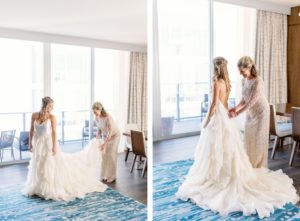 Sarasota Bride Getting Ready in Tiered Wedding Dress, Mother Helping Daughter Put on Wedding Dress