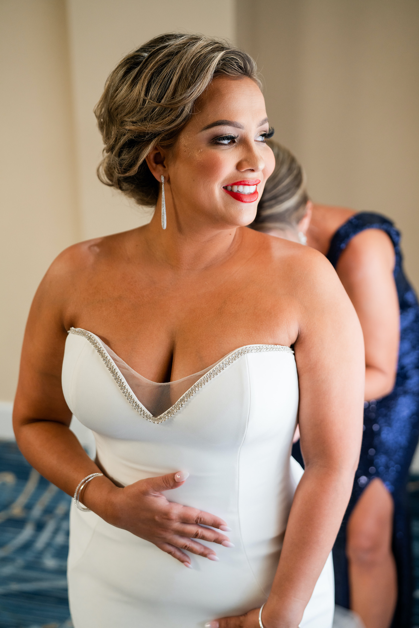 Romantic Clearwater Beach Bride Getting Ready in White Strapless Wedding Dress | Florida Wedding Hair and Makeup Artist Michele Renee The Studio