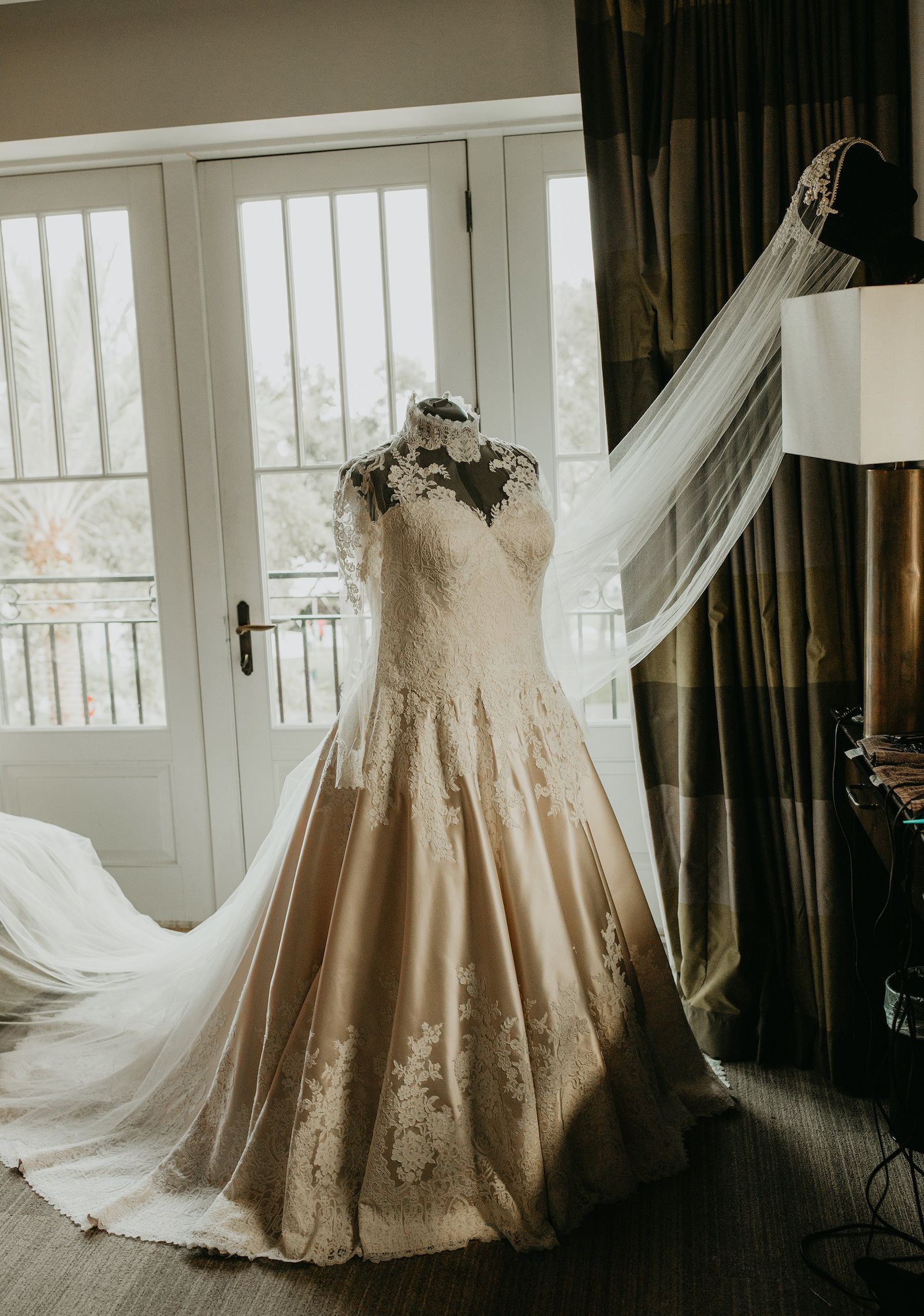 Champagne and Ivory Lace Allure Bridal Ball Gown with Sweetheart Neckline and Illusion Lace Bodice and Sleeves | A Line Wedding Dress with Cathedral Veil