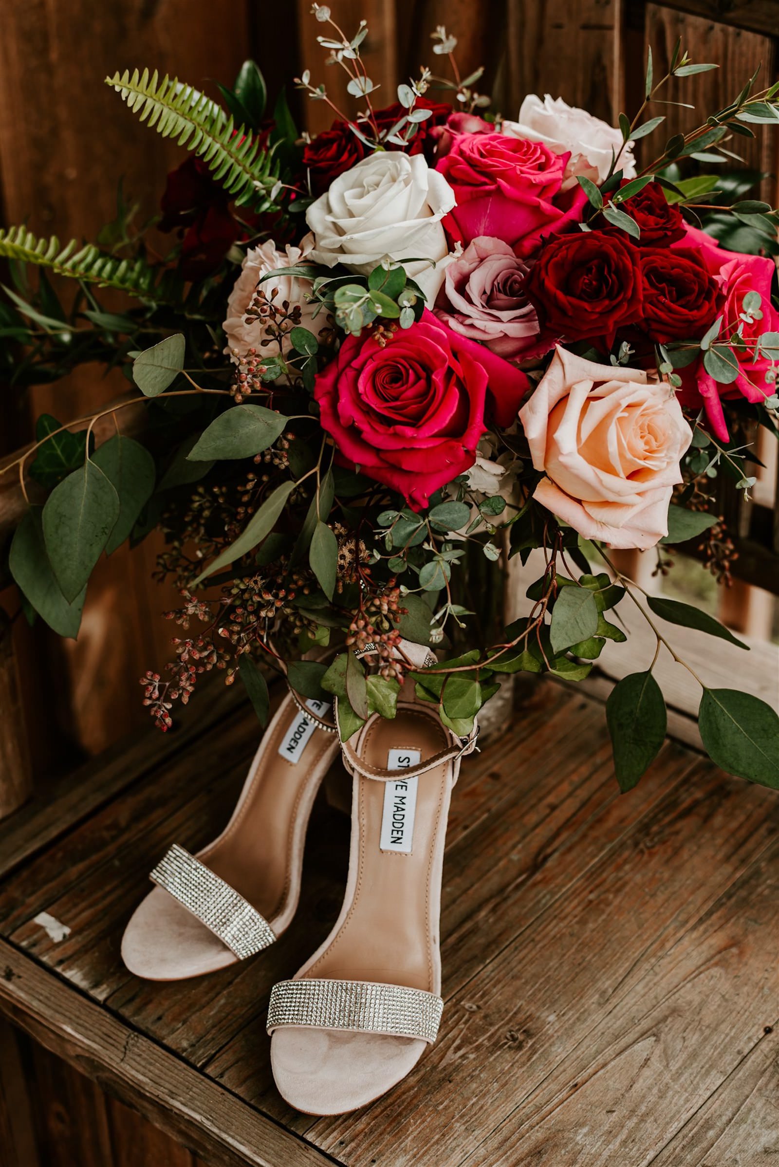 Designer Wedding Shoes Bridal Heels Steve Madden Champagne Rhinsetone Strap High Heels | Deep Red Burgundy Blush Pink Roses and Greenery Bouquet by Tampa Florist Monarch Events and Designs