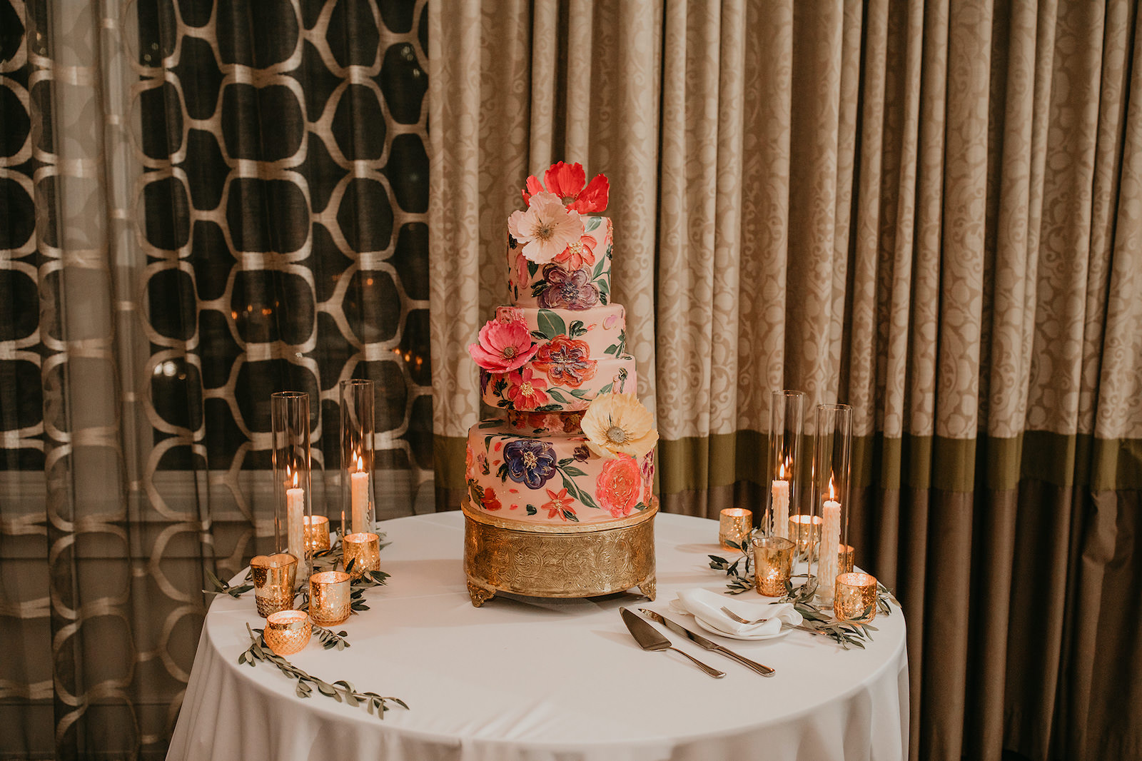 Wedding Cake Art | Painted Colorful Watercolor Floral 5 Tier Wedding Cake with Sugar Flower Poppies by Tampa Cake Bakery The Artistic Whisk | Wedding Cake Table with Gold Votives and Taper Candles