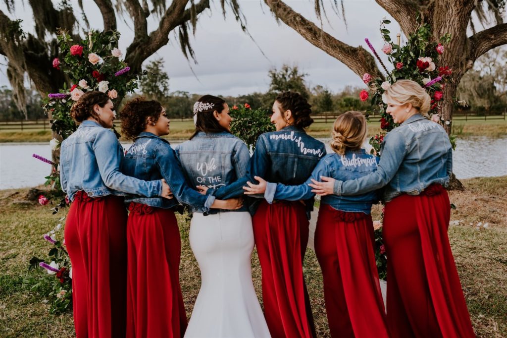 Custom Denim Jean Jackets for Wedding Bridal Party | Burgundy Maroon Deep Red Bridesmaid Dresses | Bride Jacket Wife of the Party