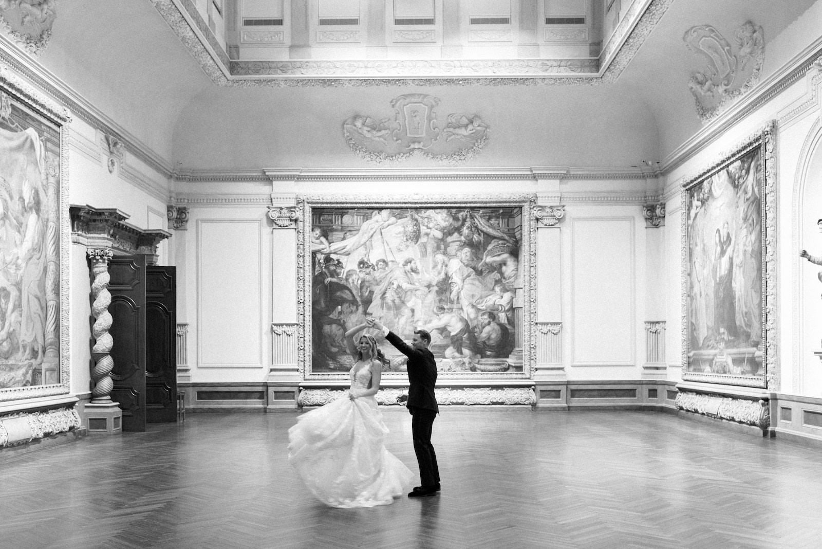Florida Bride and Groom Dance in Front of Ringling Museum Artwork | Sarasota Wedding Planner NK Weddings | Romantic Galia Lahav Wedding Dress from Isabel O'Neil Bridal Shop