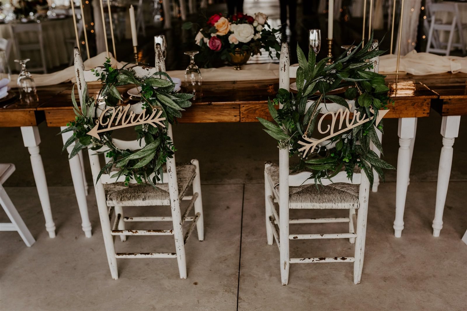 Greenery Garland Wreath Bride and Groom Chairs with Die Cut Wood Mr and Mrs Signs