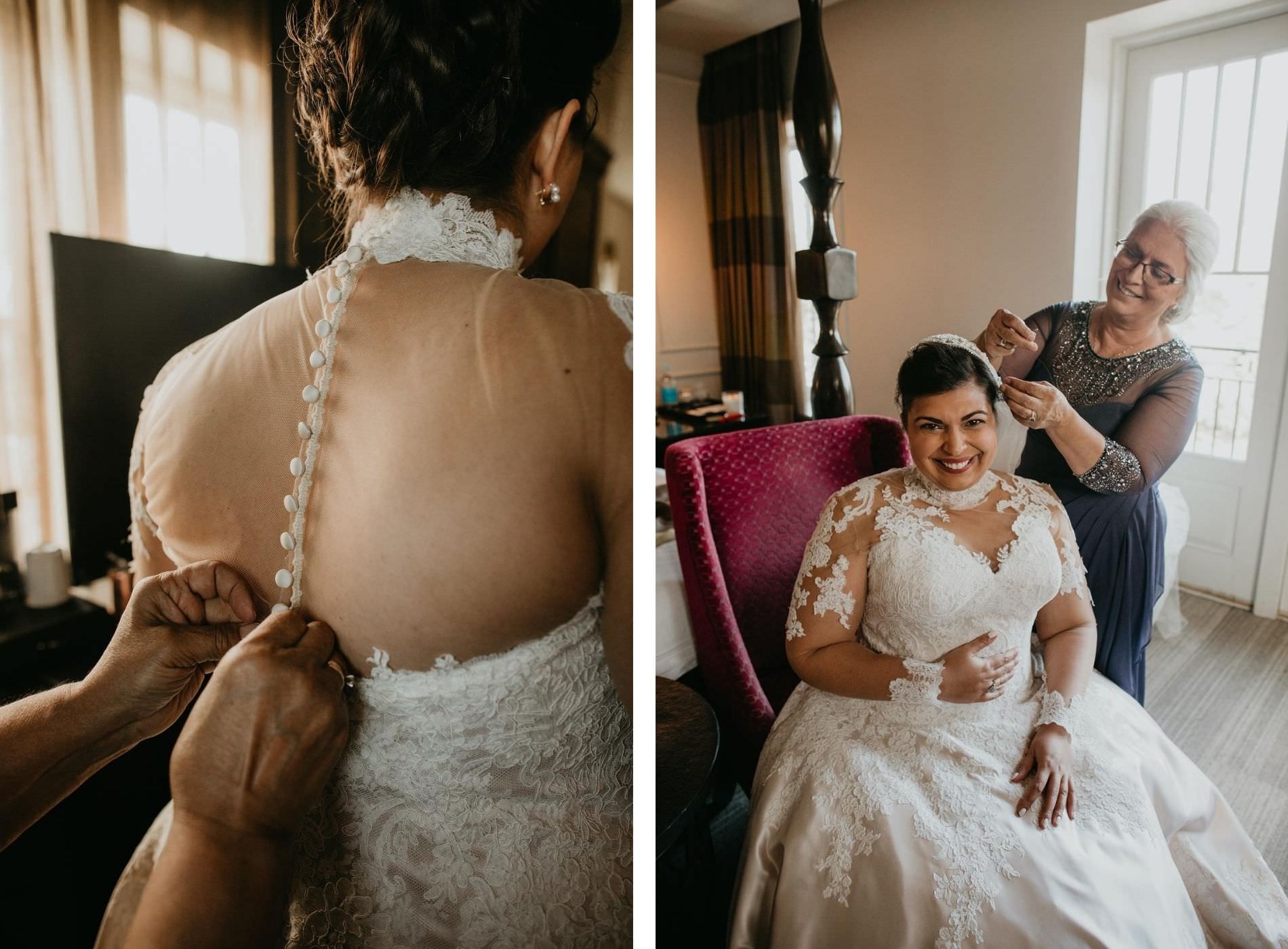 Mother of the Bride Helping Bride Get Dressed and Ready | Champagne and Ivory Lace Allure Bridal Ball Gown with Sweetheart Neckline and Illusion Lace Bodice and Sleeves with Buttons