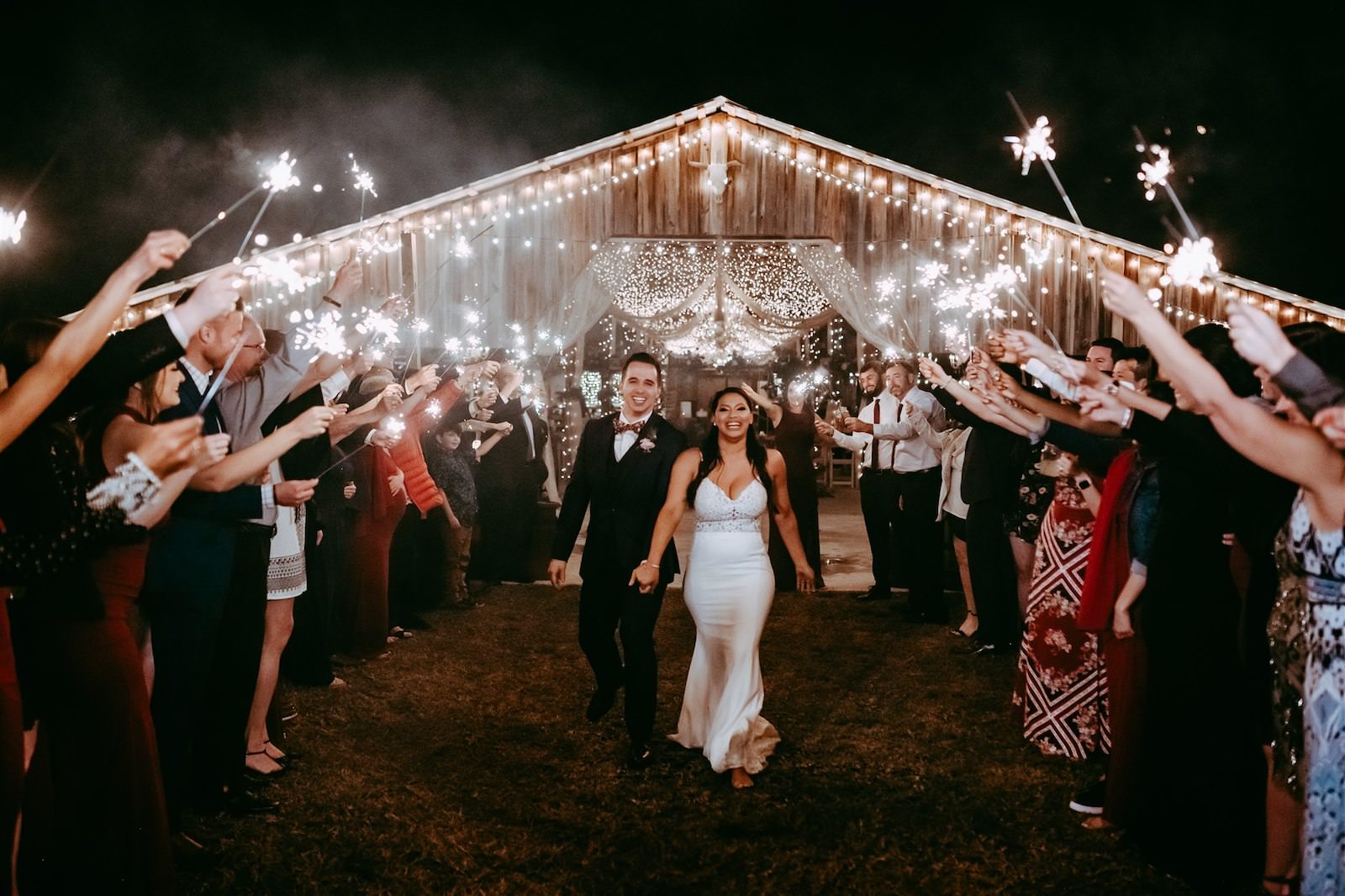 Rustic Barn Tampa Wedding with Twinkle Lights | Bride and Groom Sparkler Send Off | Enzoani Lace Mermaid Sweetheart Bridal Gown Wedding Dress