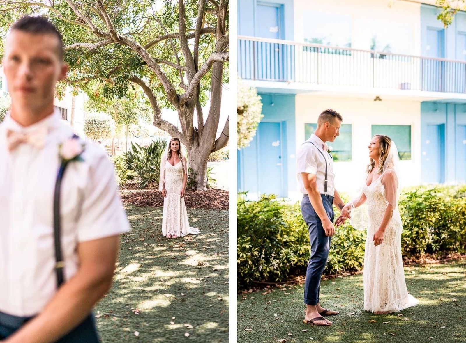 St. Petersburg Florida Wedding | Outdoor Bride and Groom First Look at Wedding Venue Postcard Inn on the Beach | Groom Navy Blue Pants with White Short Sleeve Shirt and Suspenders and Flip Flops | Lace Sheath Spaghetti Strap V Neck Boho Bridal Gown Wedding Dress