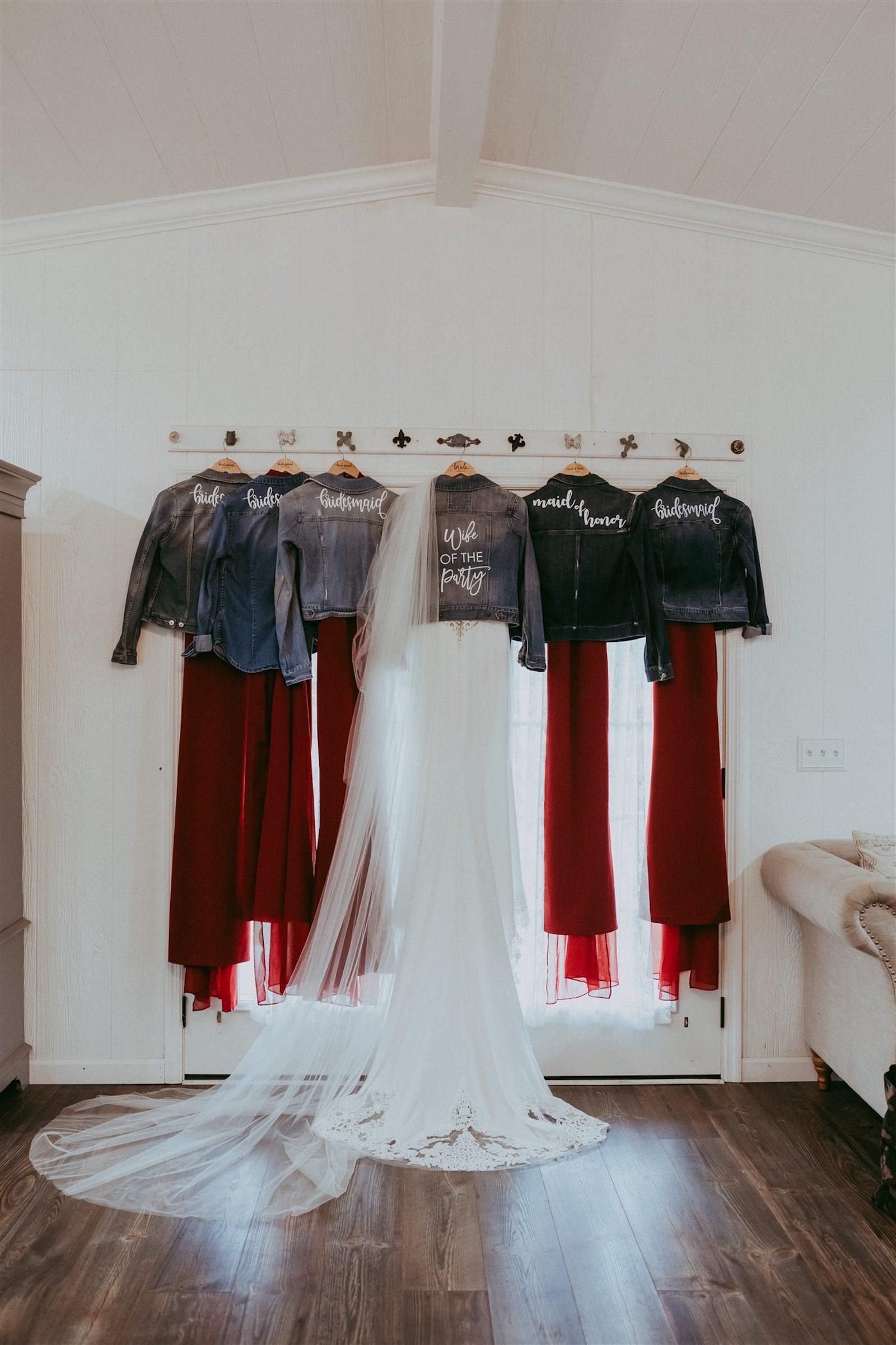Custom Denim Jean Jackets for Wedding Bridal Party | Burgundy Maroon Deep Red Bridesmaid Dresses