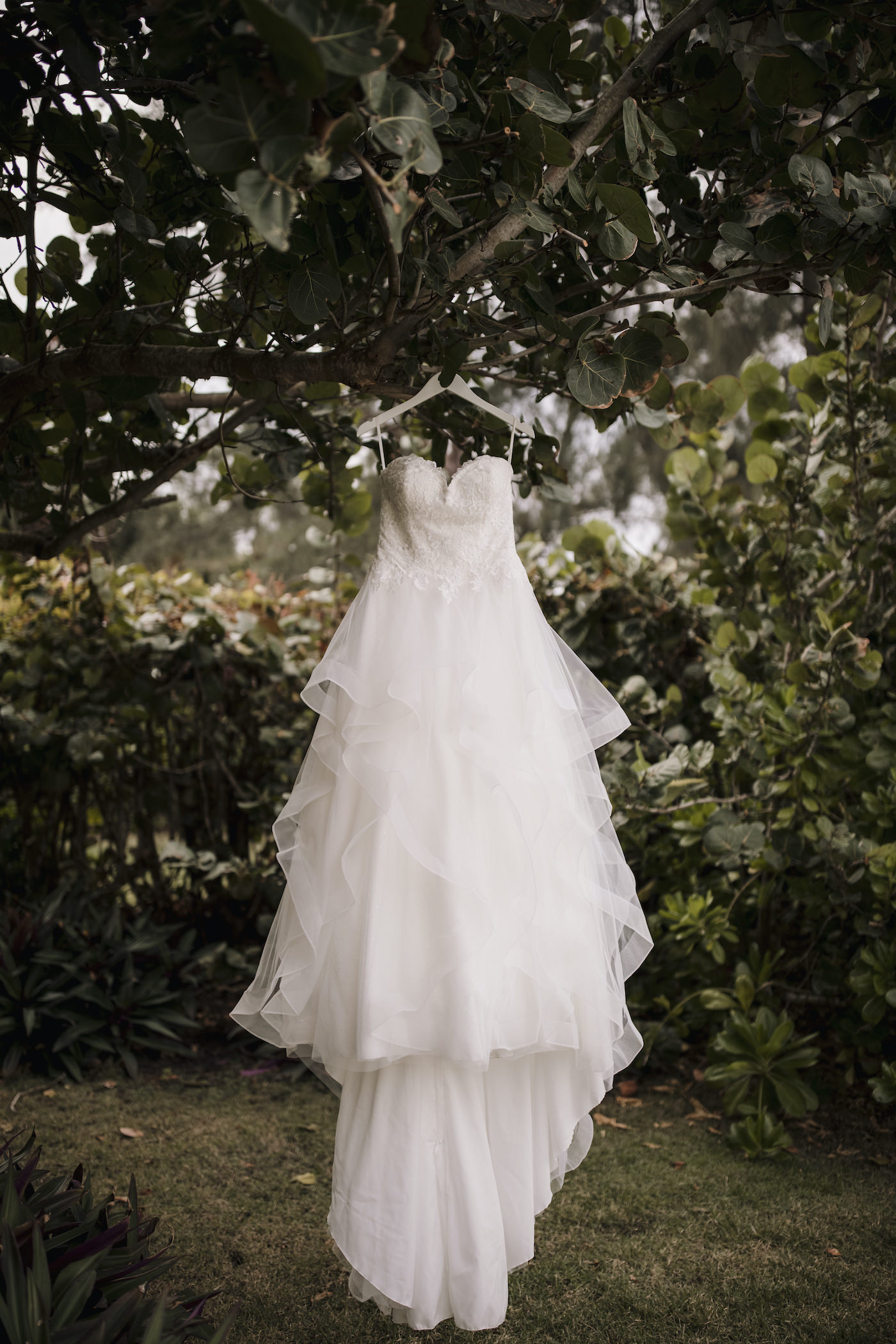 Outdoor Wedding Dress Hanger Shot | Horsehair Trim Tiered Organza Tulle Ballgown Bridal Gown with Sweetheart Neckline and Lace Bodice | Sarasota Wedding Dress Shop Truly Forever Bridal
