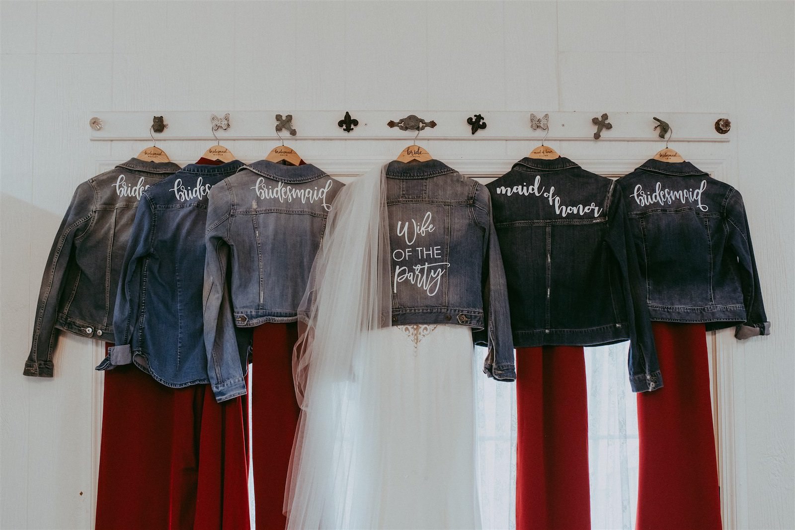 Custom Denim Jean Jackets for Wedding Bridal Party | Burgundy Maroon Deep Red Bridesmaid Dresses | Bride Jacket Wife of the Party