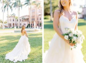 Romantic, Modern Florida Bride Holding White and Ivory Floral Bouquet with Greenery Wearing Tiered Wedding Dress In Courtyard in Ringling Mansion Belvedere Tower | Sarasota Wedding Planner NK Weddings