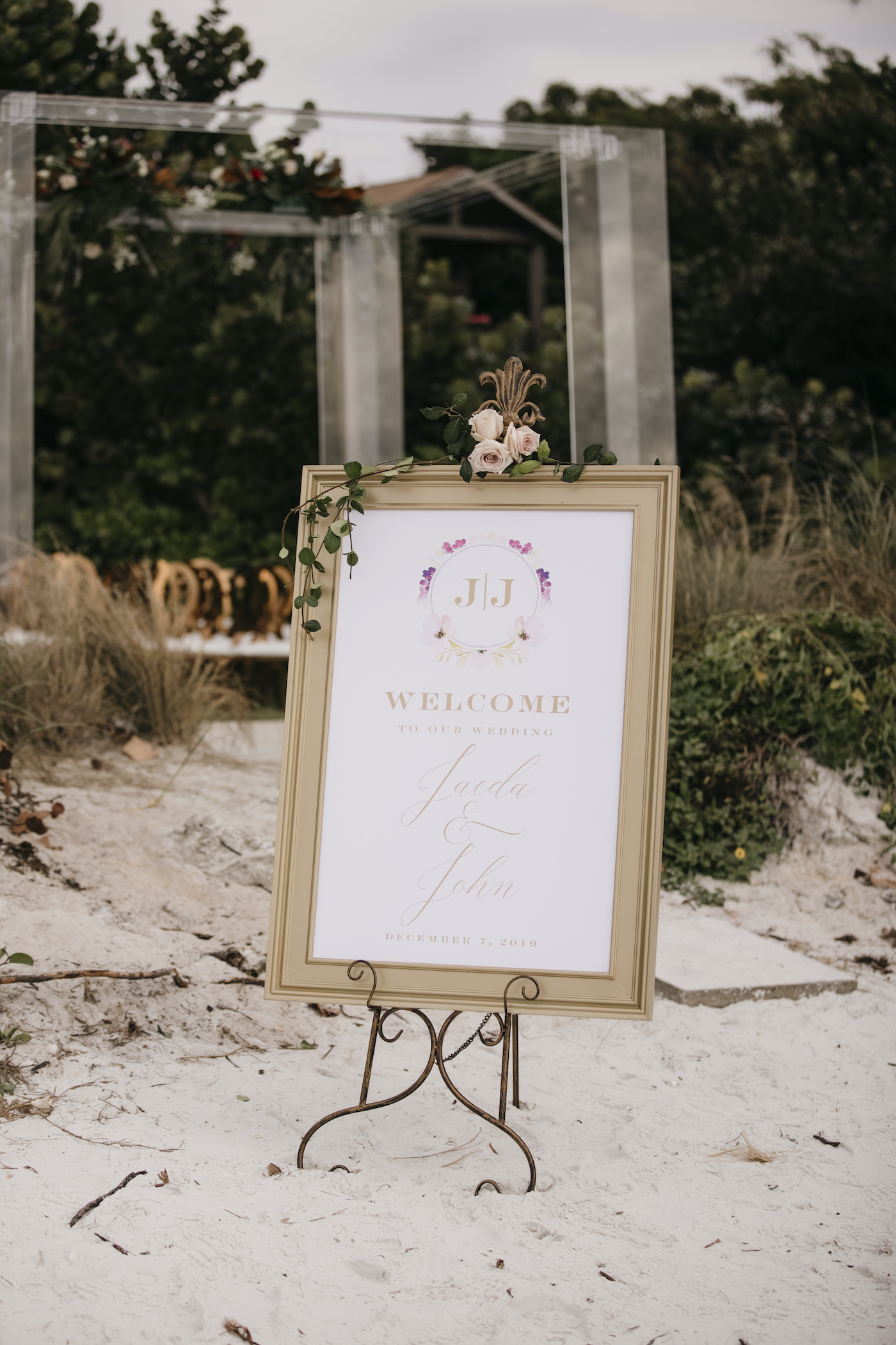 Sarasota Beach Wedding Welcome Sign in Gold Frame with Blush Pink and Gold Calligraphy