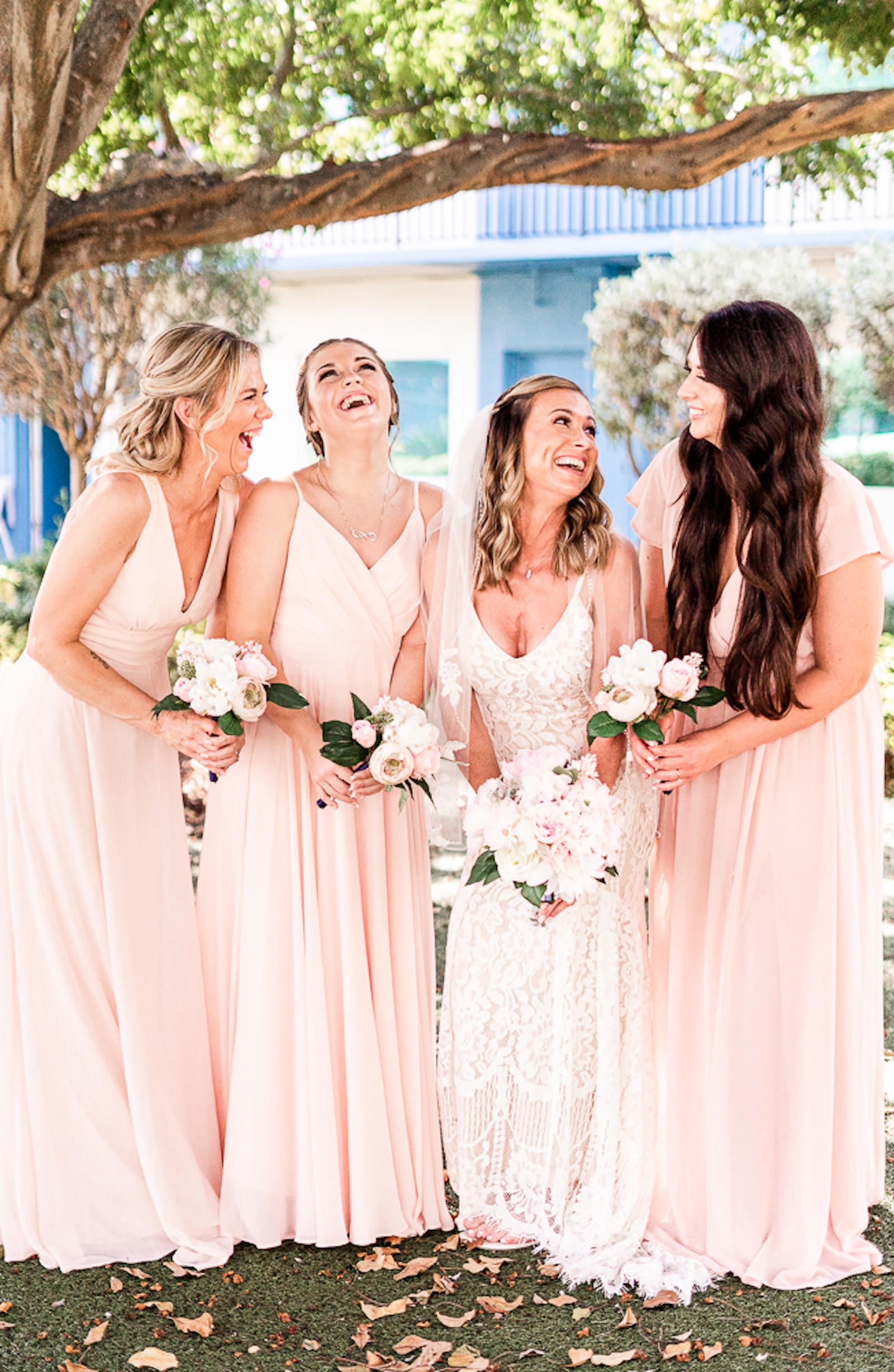Bride and Bridesmaids Outdoor Portrait | Blush Pink Long Chiffon Bridesmaid Dresses by Lulu's | Lace Sheath Spaghetti Strap V Neck Boho Bridal Gown Wedding Dress