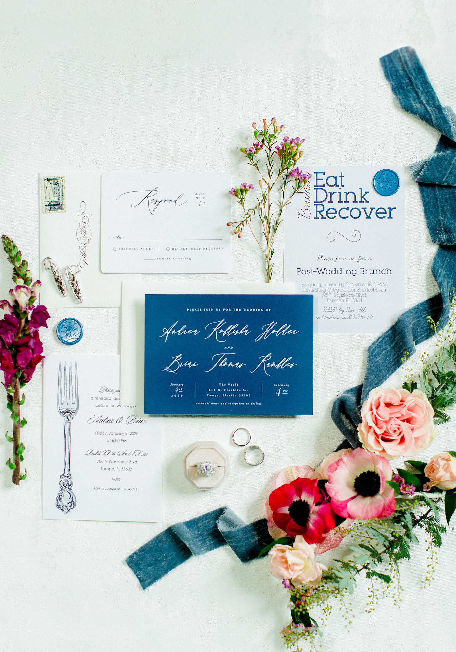 Colorful Luxury Tampa Wedding | Wedding Stationery Suite Flay Lay with Blue and White Calligraphy Invitation by Minted