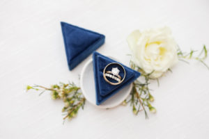 Engagement Ring Bridal Details, Diamond Solitaire with Gold Band, Dark Blue Triangle Velvet Ring Box | Florida Wedding Photographer Lifelong Photography Studio