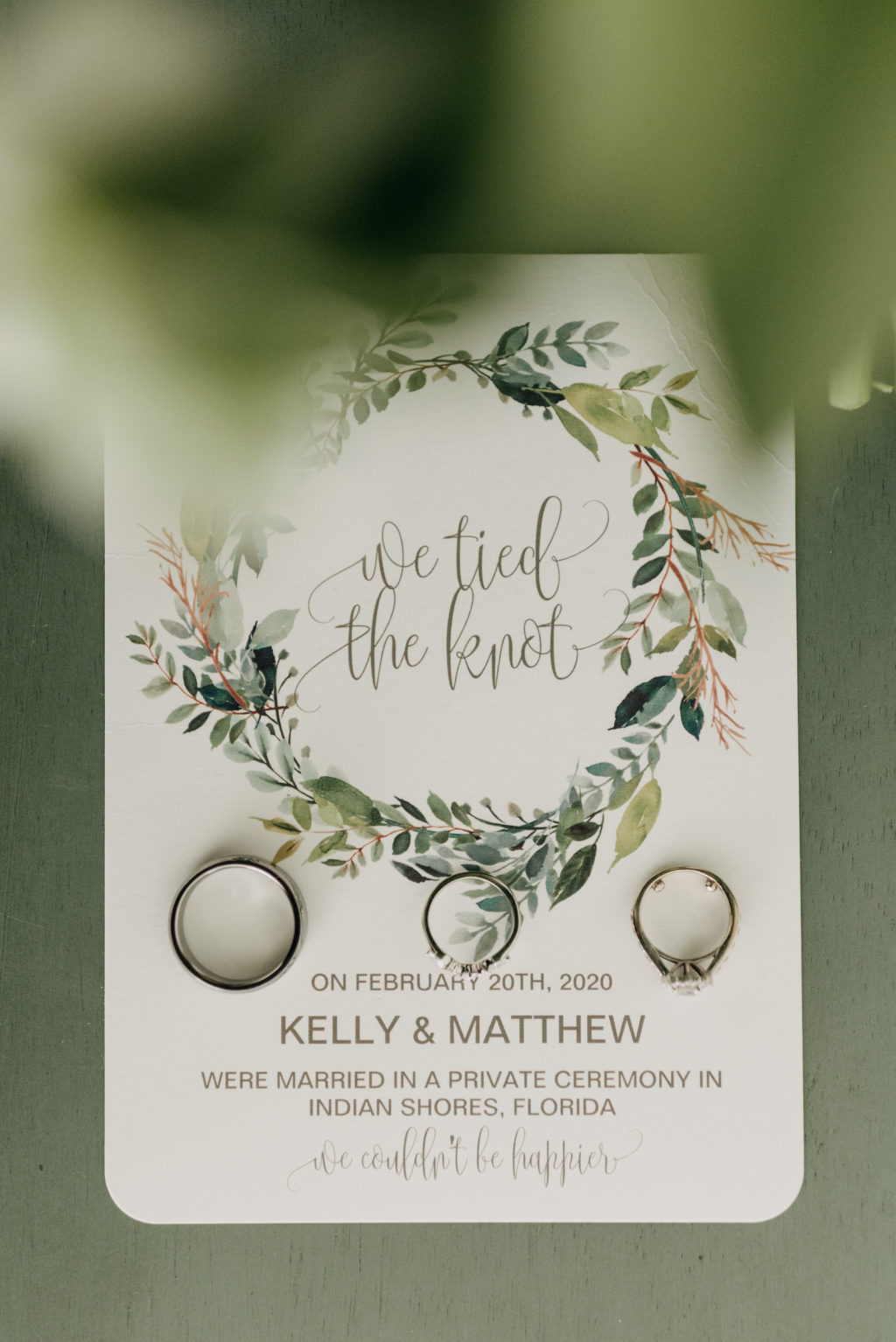 Tampa St Pete Florida COVID Destination Elopement Announcement Stationery with Greenery Motif | Wedding Rings Shot | Indian Shores Wedding Invitation