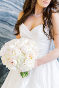 Romantic Elegant Bride in Hayley Paige Strapless Ballgown Wedding Dress Holding Classic Blush Pink Roses and White Hydrangeas Floral Bouquet | Tampa Bay Wedding Florist Gabro Event Services