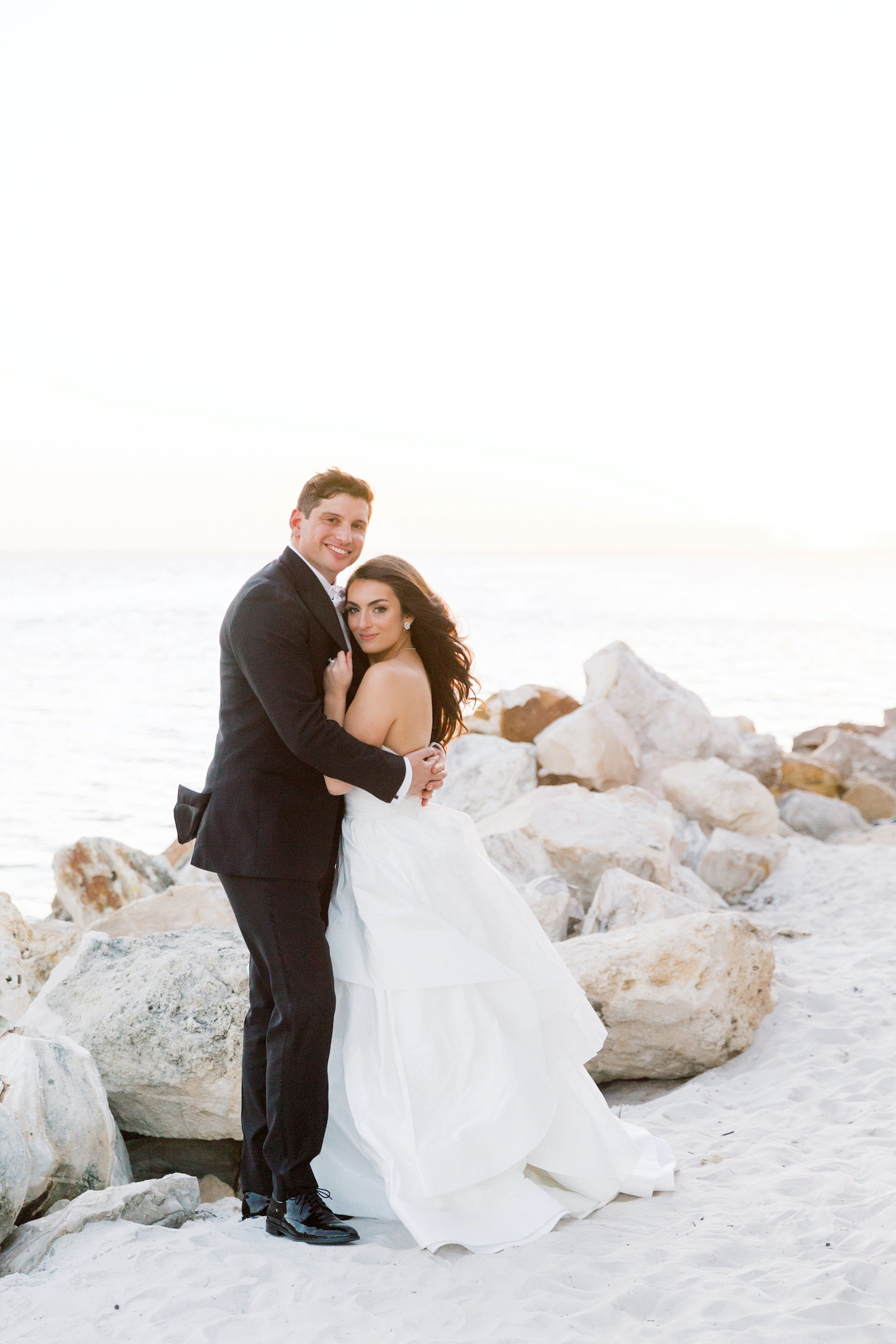 Classic Sunset Bride and Groom Waterfront Wedding Portrait