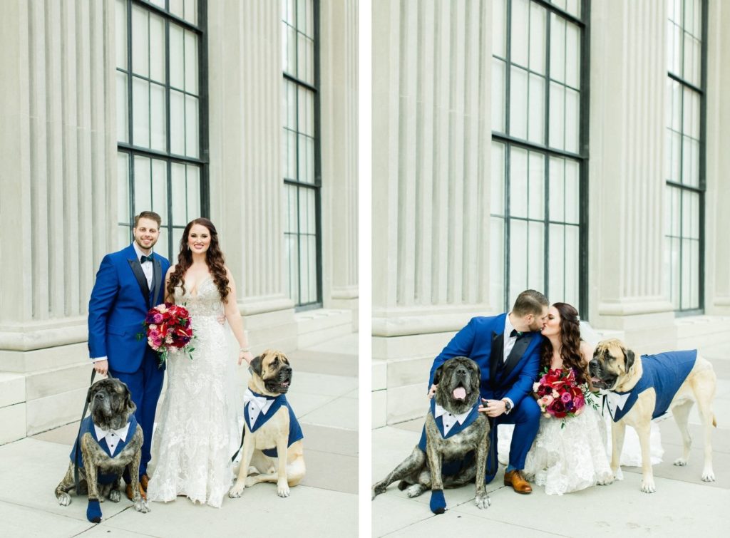 Bride and Groom Outdoor Downtown Tampa Wedding Portrait with Pet Mastiff Dogs of Honor | Dog Wedding Tuxedo Collar Bow Tie | Groom in Blue Suit with Black Satin Lapel | Rhinestone Embroidered Wedding Dress Bridal Gown | Bright Colorful Red and Pink Wedding Bridal Bouquet | FairyTail Pet Care