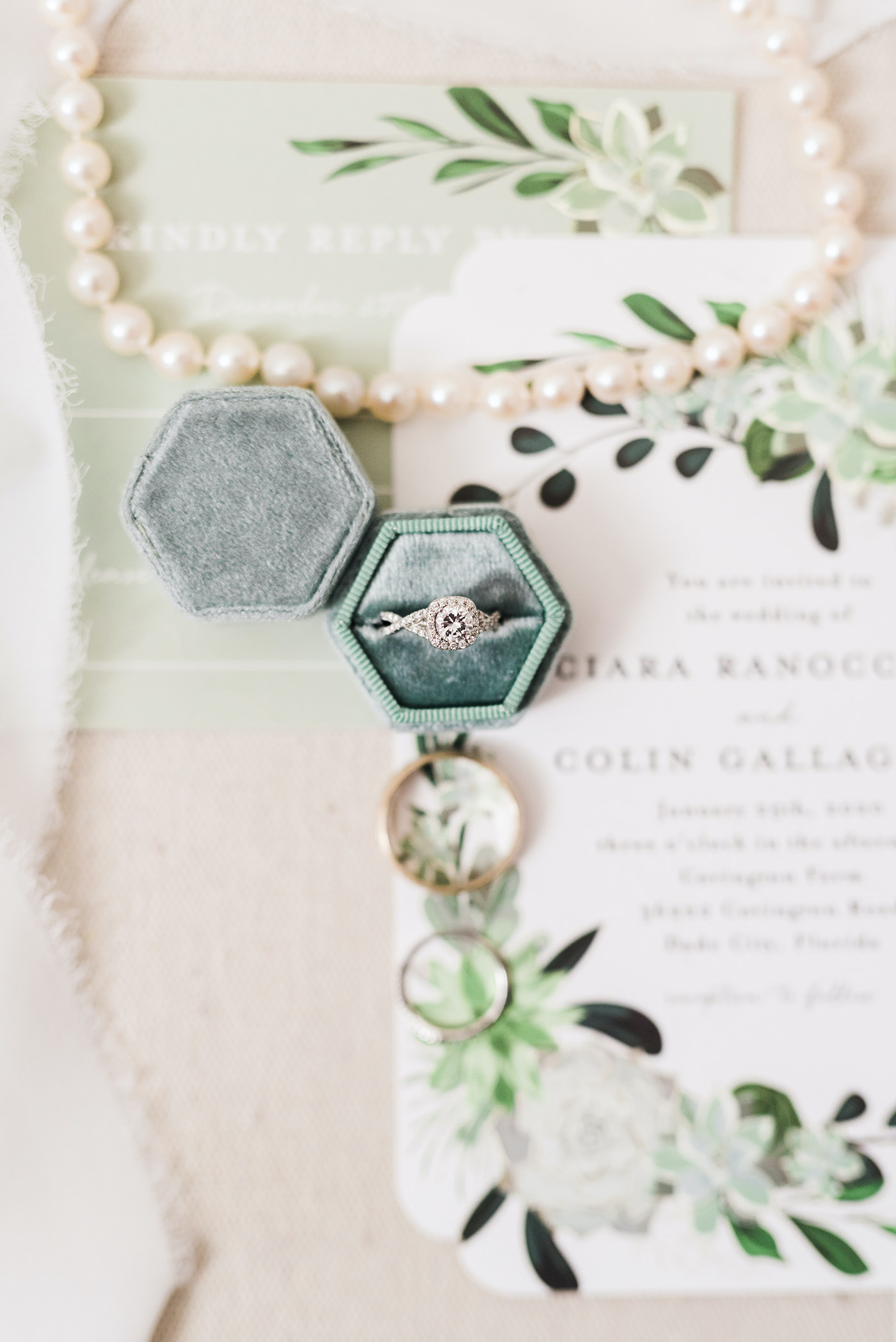 Vintage Inspired Wedding and Engagement Ring, in Velvet Sage Green Ringbox | Florida Wedding Planner and Designer John Campbell Weddings