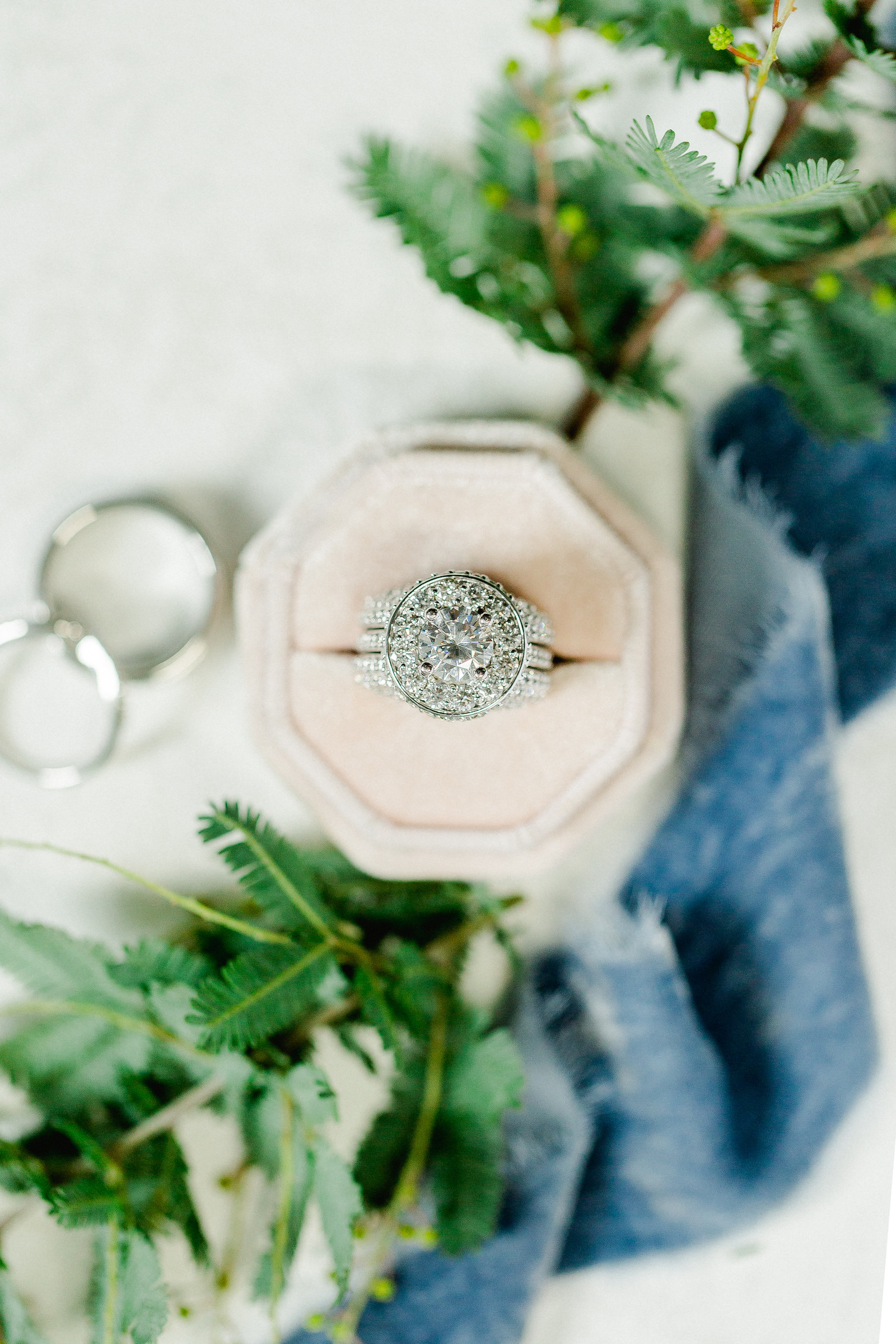Wedding Ring Shot | Round Halo Diamond Band Engagement Ring in Blush Pink Champagne Velvet Box