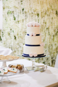 Intimate Reception Dessert Table, Three Tier Wedding Cake with White Icing, Blue Ribbon and Blush Pink Floral Accent, Moreno's Bakery Cookies | Tampa Bay Wedding Photographer Lifelong Photography Studio | Wedding Caterer Catering By The Family