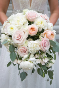 Wedding Round Bridal Bouquet with Blush Pink Roses and Ivory Peonies and Eucalyptus Greenery