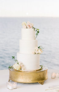 Classic Three Tier White Wedding Cake with Flowers on Gold Cake Stand | Tampa Bay Wedding Florist Gabro Event Services