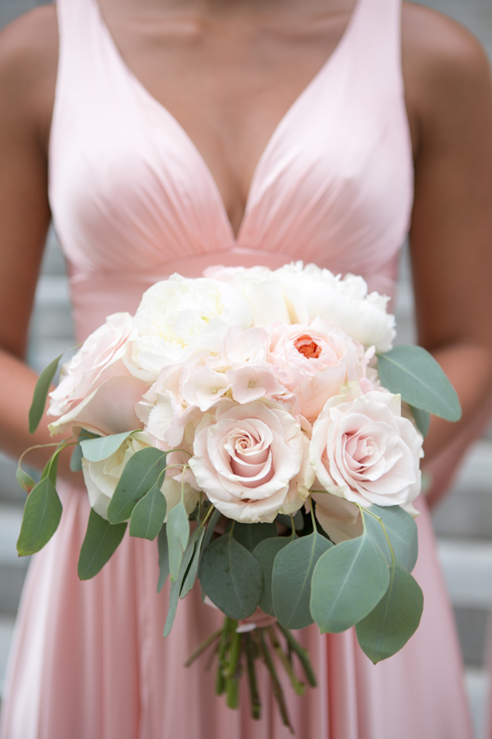 Wedding Round Bridesmaid Bouquet with Blush Pink Roses and Peonies with Ivory Hydrangea and Eucalyptus Greenery | Blush Pink Silk Satin Formal V Neck Bridesmaid Dress