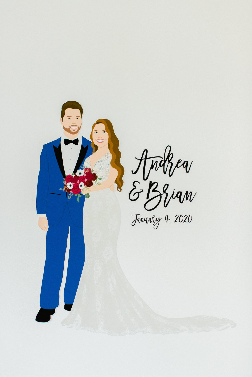Bride and Groom Charicature Custom Illustration Artwork | Groom in Blue Suit with Black Satin Lapel | Red and Pink Bridal Bouquet
