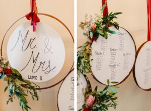 Wedding Seating Chart Alternative Inspiration | Floral Embroidery Hoops with Greenery and Burgundy Maroon Red Velvet Ribbon