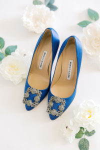 Something Blue Bridal Wedding Shoes, Manolo Blahnik Pointed Toe Blue Silk Shoes with Rhinestone Brooch