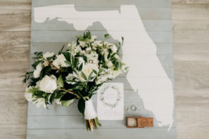 Tampa St Pete Florida COVID Destination Elopement Wedding Bridal Bouquet with White Roses Lisianthus Stock and Greenery