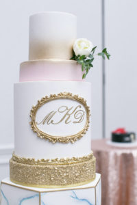 Six Tier Luxury Wedding Cake with Blush Pink and Gold Fondant Painted Marble Technique by Tampa Cake Bakery The Artistic Whisk | Gold Ornate Filigree Monogram Wedding Cake