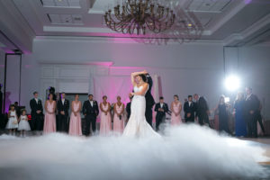 Bride and Groom First Dance with Dry Ice Fog | Bride and Groom Dancing in the Clouds at Downtown Tampa Indoor Hotel Ballroom Wedding Reception