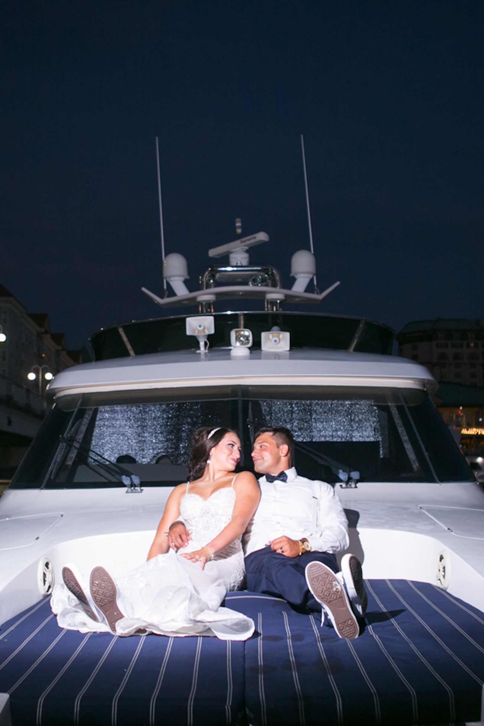 Downtown Tampa Wedding Bride and Groom Outdoor Portrait on Marina Boat